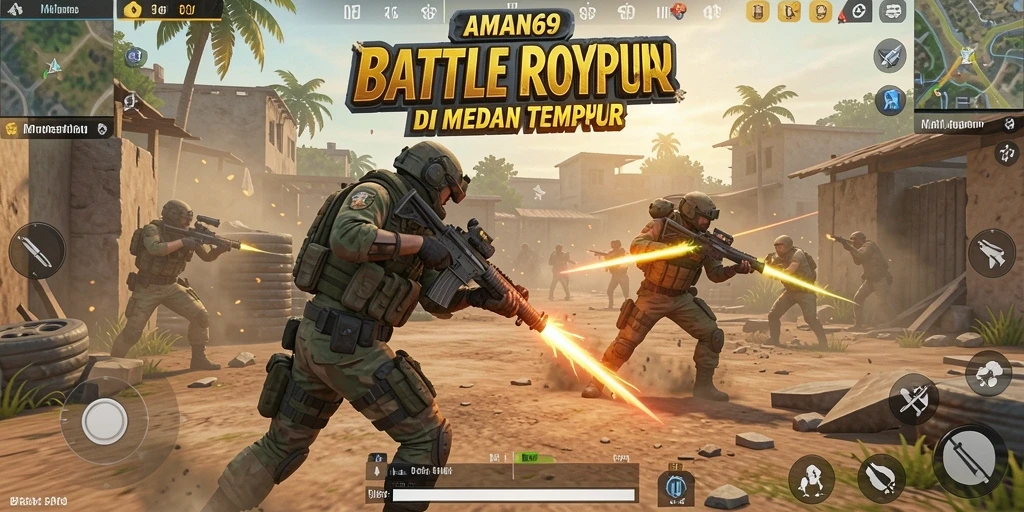 Gameplay intens di AMAN69 dengan pertarungan Battle Royale yang dinamis.