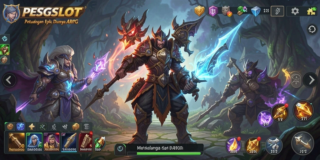 Screenshot PESGSLOT menampilkan pertempuran seru di dunia fantasi.